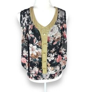 Jin Yuan Asian Lace Floral Top Womens Size Large Gold Romantic Festival Kimono‎